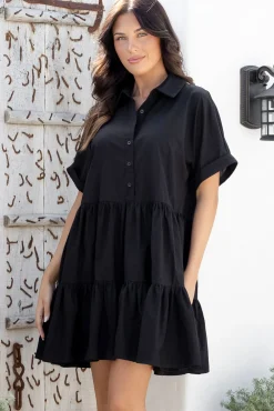 Estelle Mini Dress - Collared Tiered Smock Dress in Black><noscript><img width=