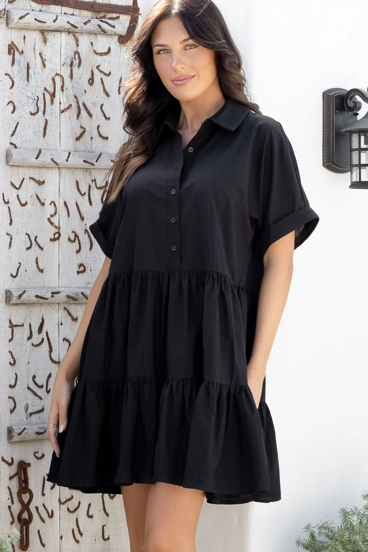 Estelle Mini Dress - Collared Tiered Smock Dress in Black>Salty Crush Best