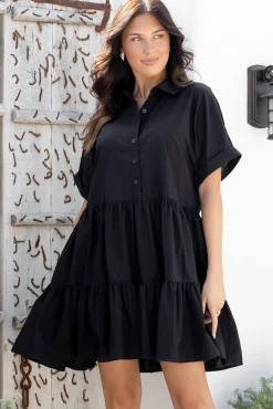 Estelle Mini Dress - Collared Tiered Smock Dress in Black><noscript><img width=