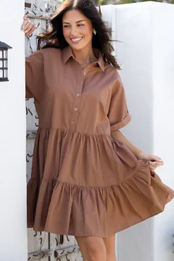 Estelle Mini Dress - Collared Tiered Smock Dress in Tan>Salty Crush Sale