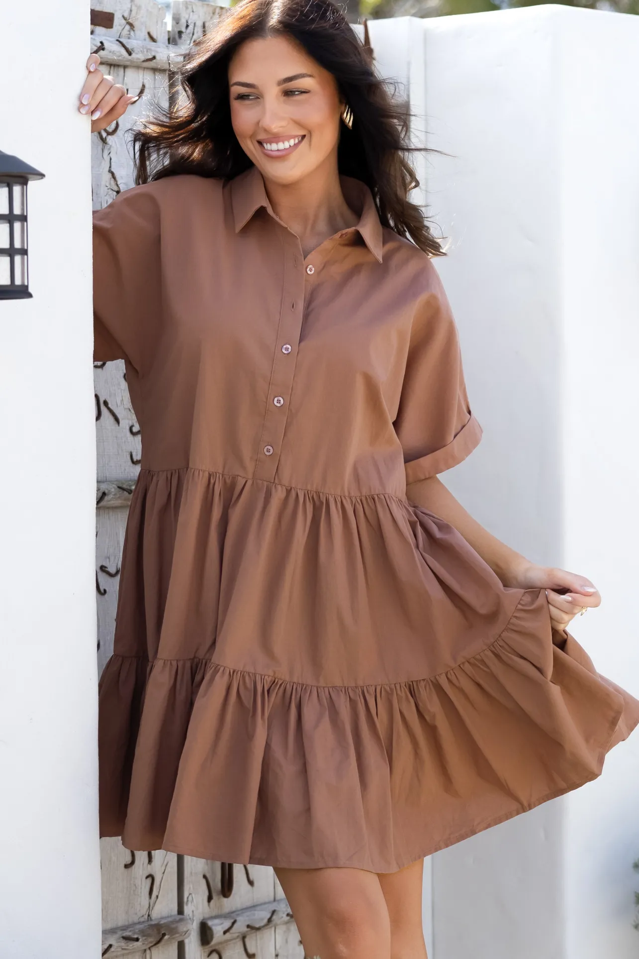 Estelle Mini Dress - Collared Tiered Smock Dress in Tan>Salty Crush Sale