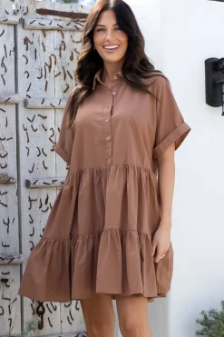 Estelle Mini Dress - Collared Tiered Smock Dress in Tan><noscript><img width=