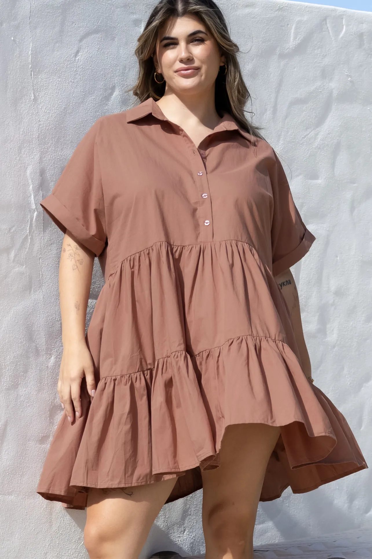 Estelle Mini Dress - Collared Tiered Smock Dress in Tan>Salty Crush Sale