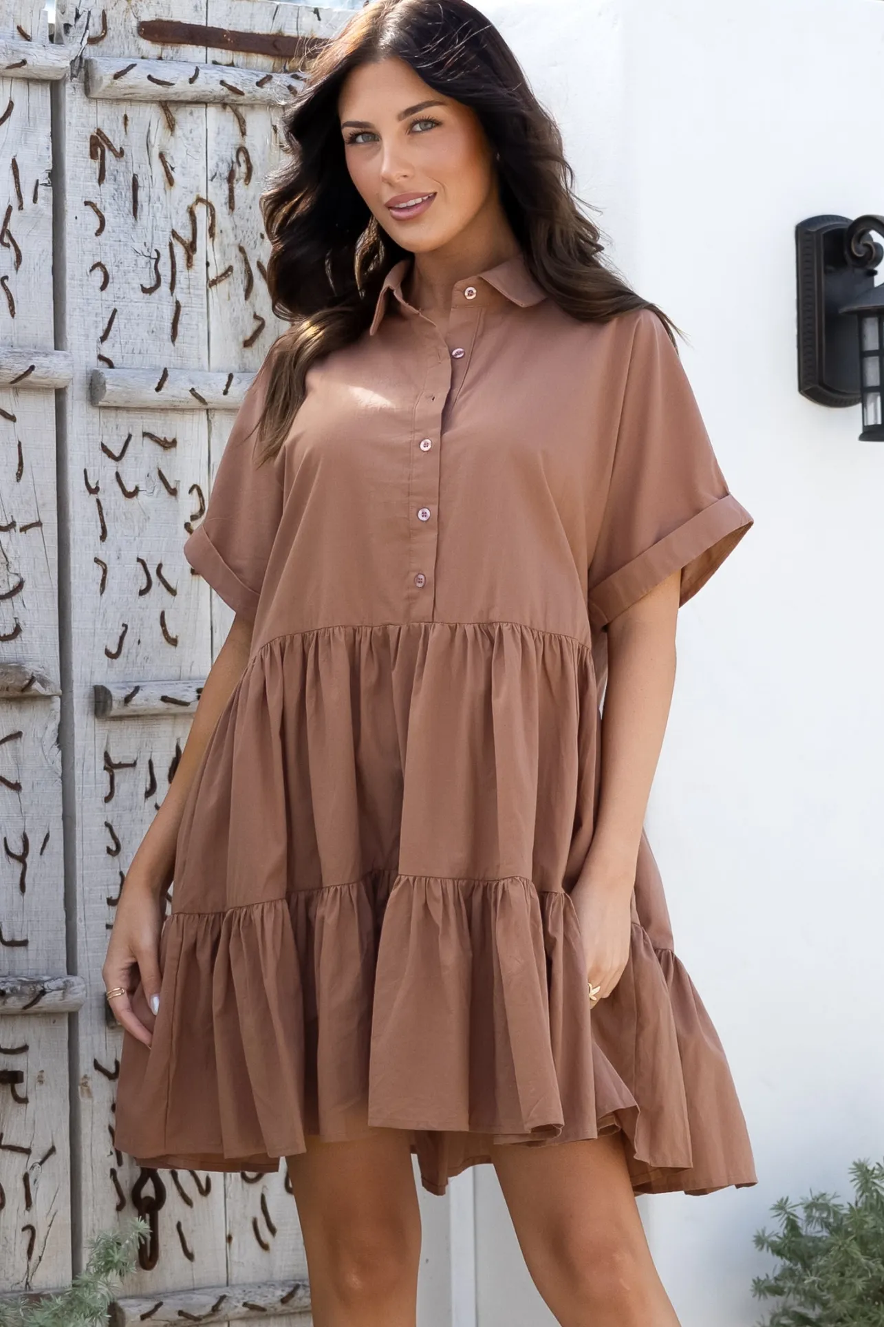 Estelle Mini Dress - Collared Tiered Smock Dress in Tan>Salty Crush Sale