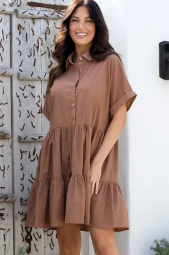 Estelle Mini Dress - Collared Tiered Smock Dress in Tan><noscript><img width=