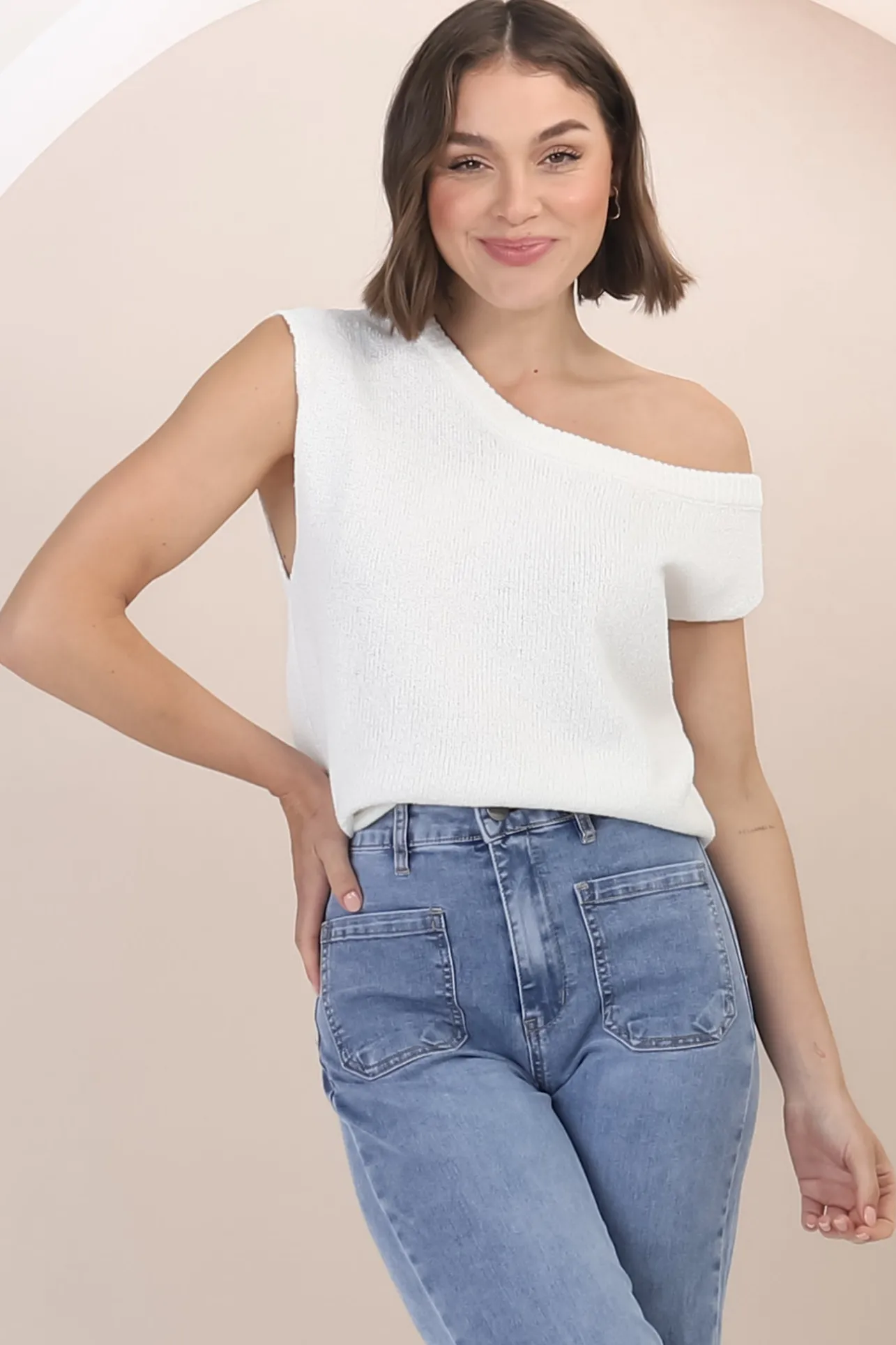 Ethel Knit Top - Sleeveless Crew Neck Knit in White>Salty Crush Hot