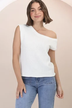 Ethel Knit Top - Sleeveless Crew Neck Knit in White>Salty Crush Hot
