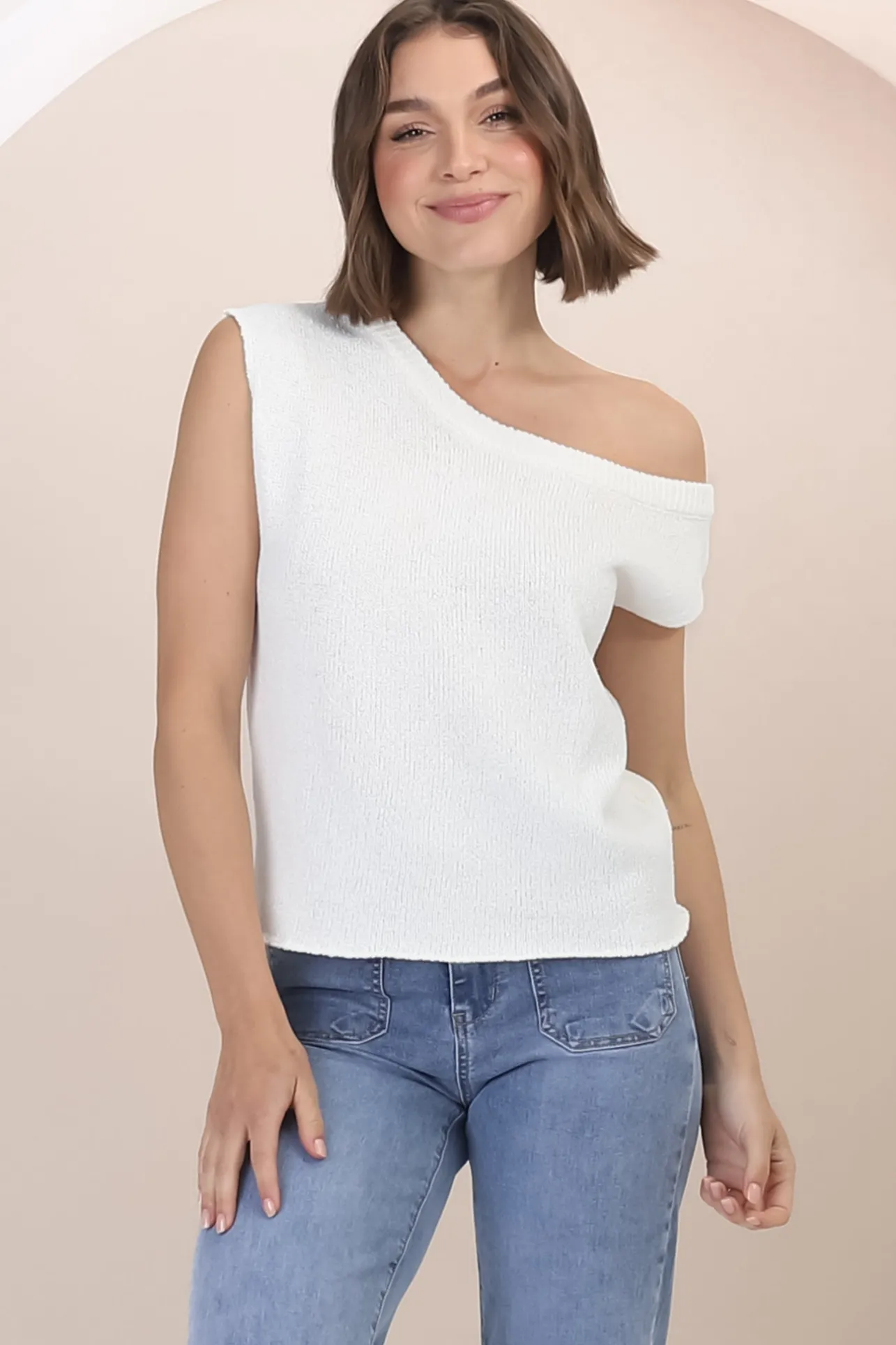 Ethel Knit Top - Sleeveless Crew Neck Knit in White>Salty Crush Hot