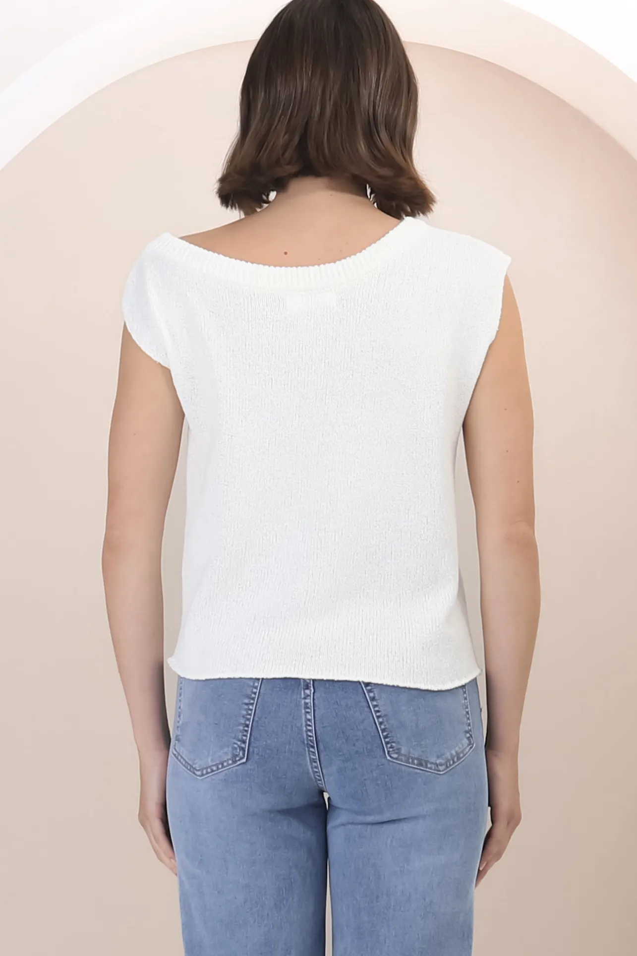 Ethel Knit Top - Sleeveless Crew Neck Knit in White>Salty Crush Hot