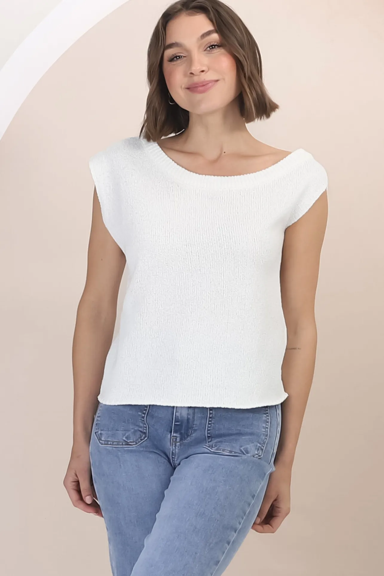 Ethel Knit Top - Sleeveless Crew Neck Knit in White>Salty Crush Hot