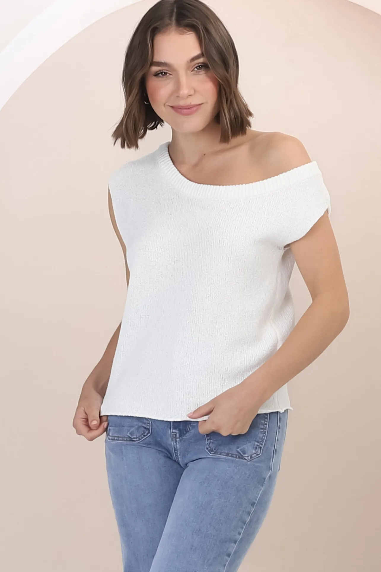 Ethel Knit Top - Sleeveless Crew Neck Knit in White>Salty Crush Hot