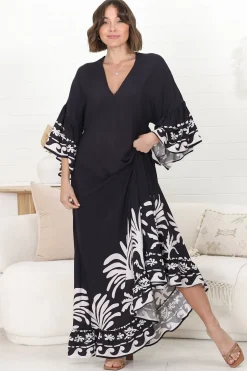 Evan Maxi Dress - Slimline Smock Dress with Bell Sleeves in the Harris Print>Salty Crush Hot