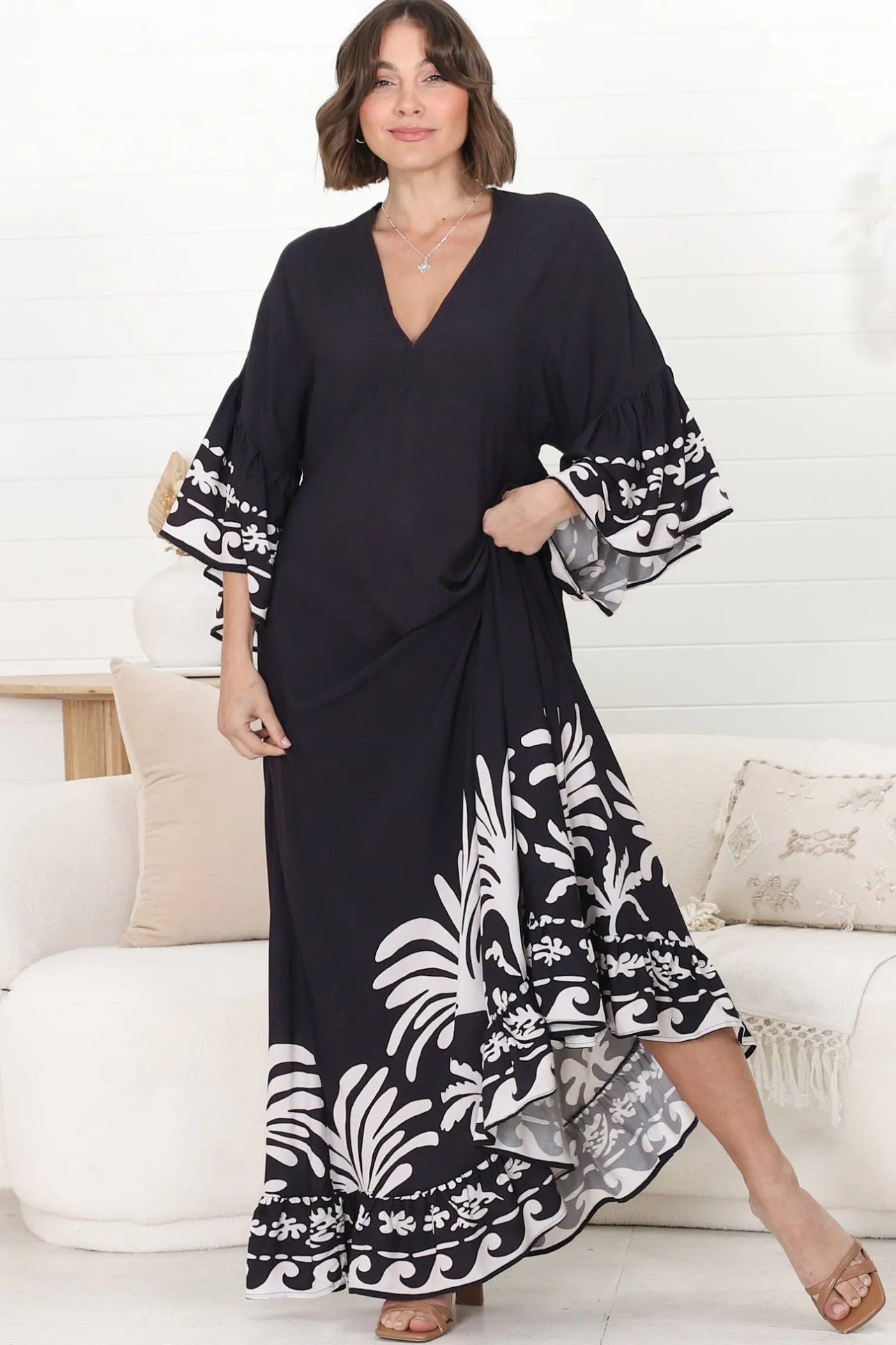 Evan Maxi Dress - Slimline Smock Dress with Bell Sleeves in the Harris Print>Salty Crush Hot
