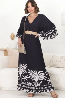 Evan Maxi Dress - Slimline Smock Dress with Bell Sleeves in the Harris Print>Salty Crush Hot