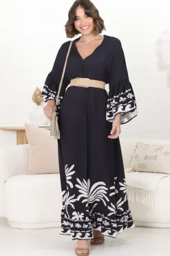 Evan Maxi Dress - Slimline Smock Dress with Bell Sleeves in the Harris Print><noscript><img width=