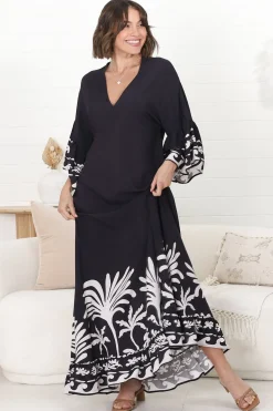 Evan Maxi Dress - Slimline Smock Dress with Bell Sleeves in the Harris Print><noscript><img width=