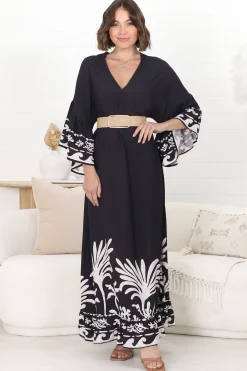 Evan Maxi Dress - Slimline Smock Dress with Bell Sleeves in the Harris Print><noscript><img width=