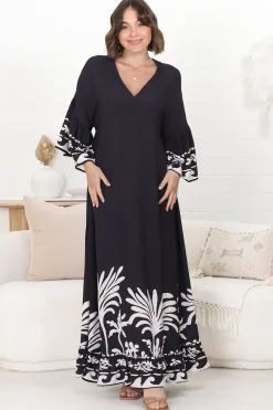 Evan Maxi Dress - Slimline Smock Dress with Bell Sleeves in the Harris Print><noscript><img width=