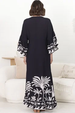 Evan Maxi Dress - Slimline Smock Dress with Bell Sleeves in the Harris Print><noscript><img width=