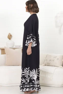 Evan Maxi Dress - Slimline Smock Dress with Bell Sleeves in the Harris Print><noscript><img width=