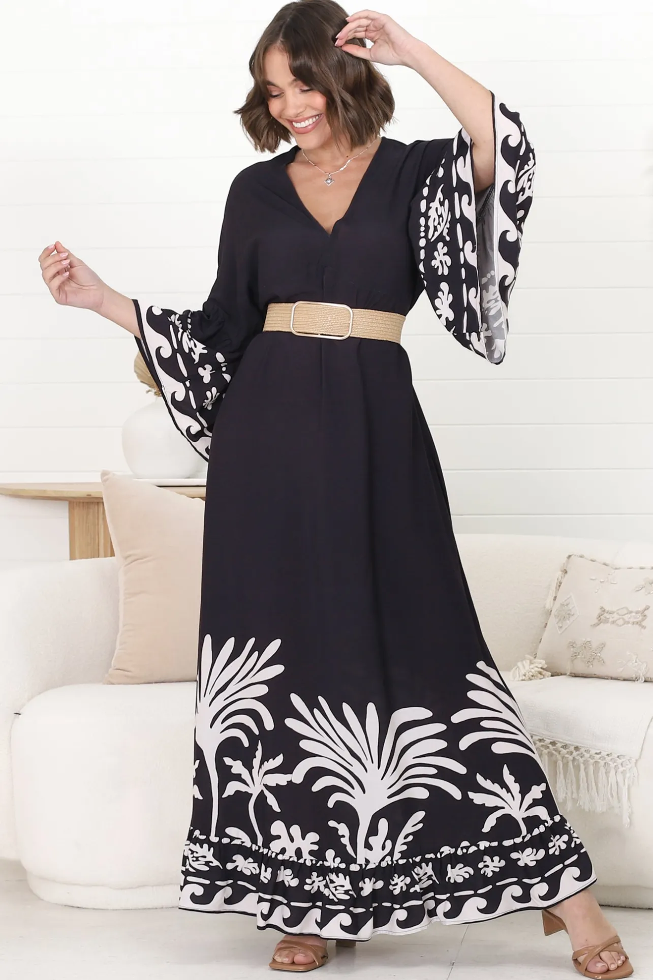 Evan Maxi Dress - Slimline Smock Dress with Bell Sleeves in the Harris Print>Salty Crush Hot