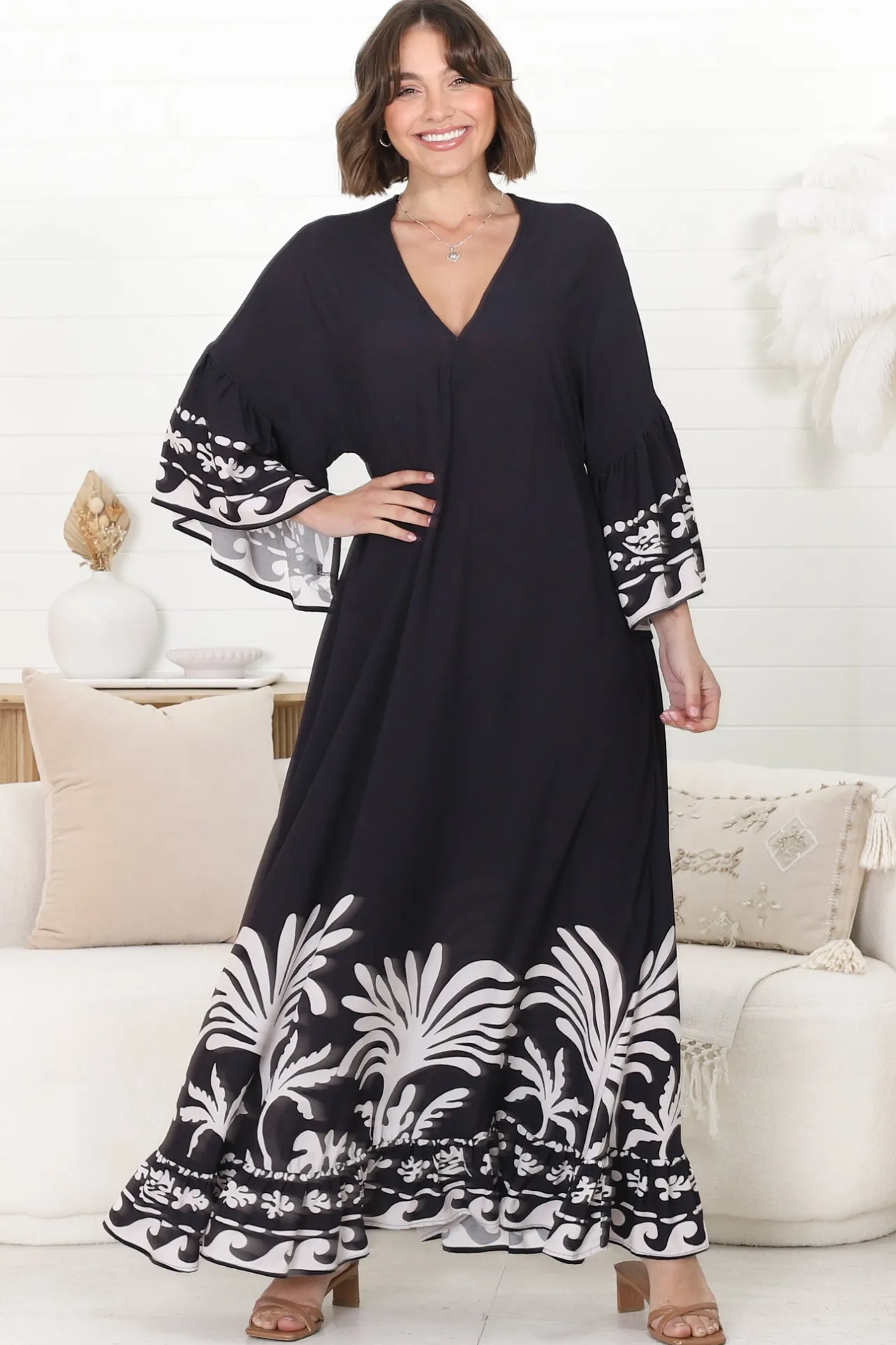 Evan Maxi Dress - Slimline Smock Dress with Bell Sleeves in the Harris Print>Salty Crush Hot