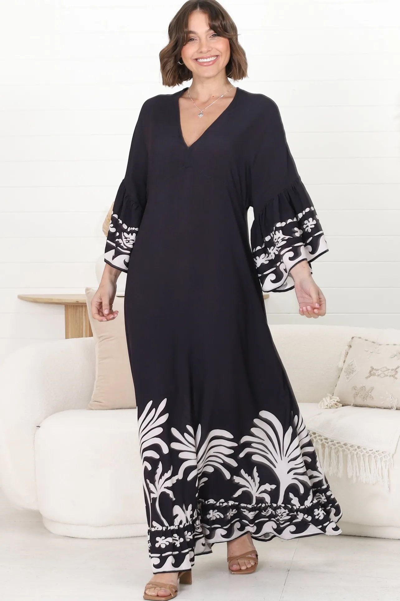 Evan Maxi Dress - Slimline Smock Dress with Bell Sleeves in the Harris Print>Salty Crush Hot