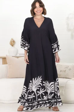 Evan Maxi Dress - Slimline Smock Dress with Bell Sleeves in the Harris Print><noscript><img width=