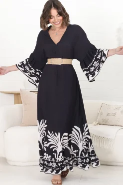 Evan Maxi Dress - Slimline Smock Dress with Bell Sleeves in the Harris Print><noscript><img width=