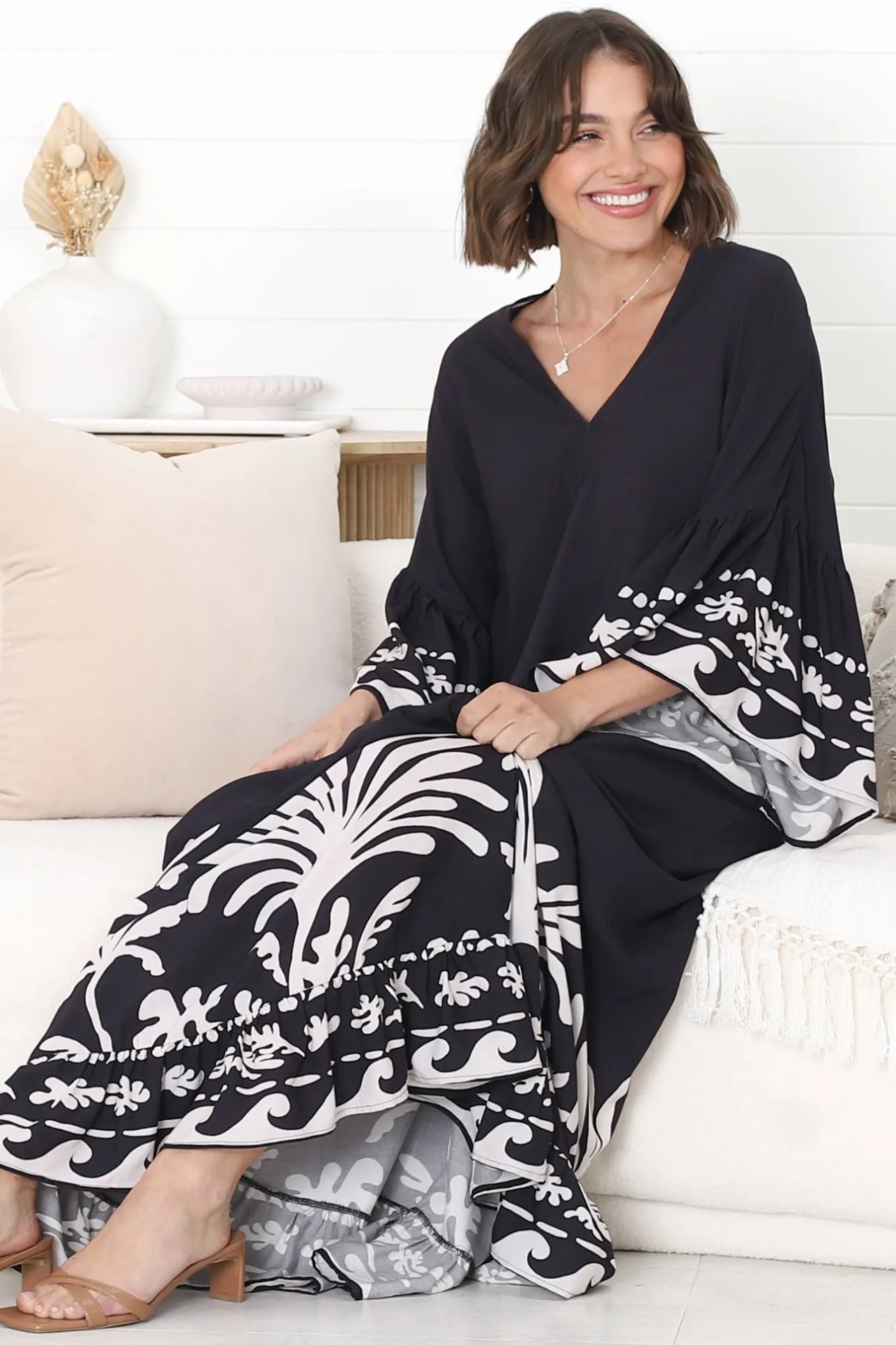 Evan Maxi Dress - Slimline Smock Dress with Bell Sleeves in the Harris Print>Salty Crush Hot