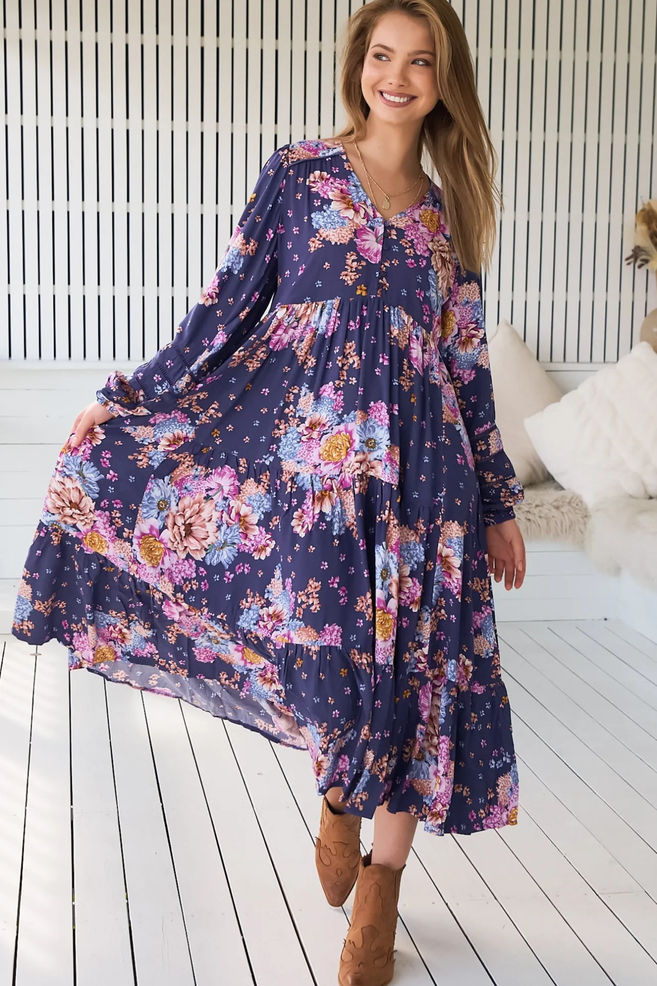 Eve Midi Dress - V Neck Long Sleeve Tiered Dress with Option Waist Tie in Wild Whim Print>Jaase Outlet