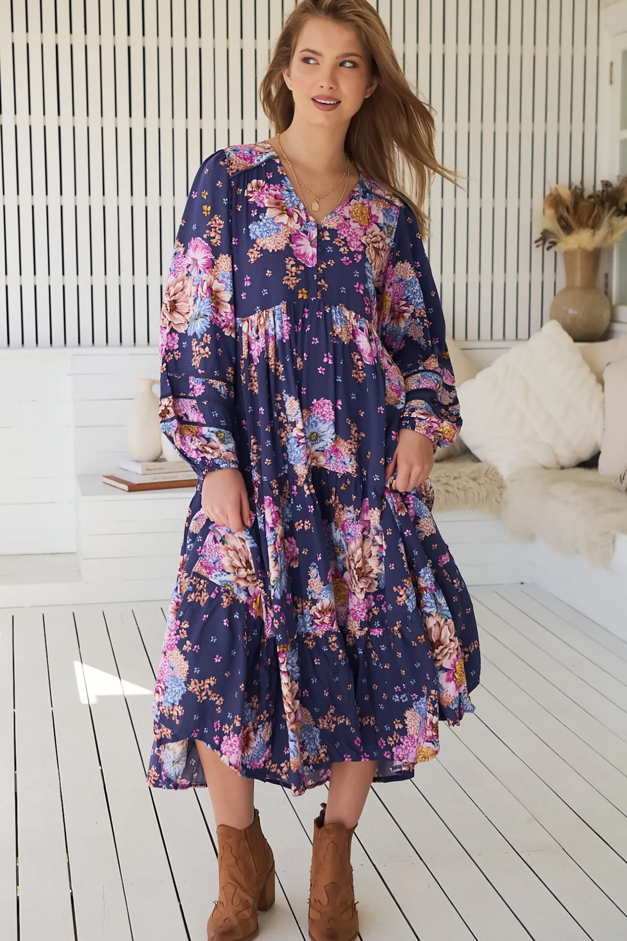 Eve Midi Dress - V Neck Long Sleeve Tiered Dress with Option Waist Tie in Wild Whim Print>Jaase Outlet