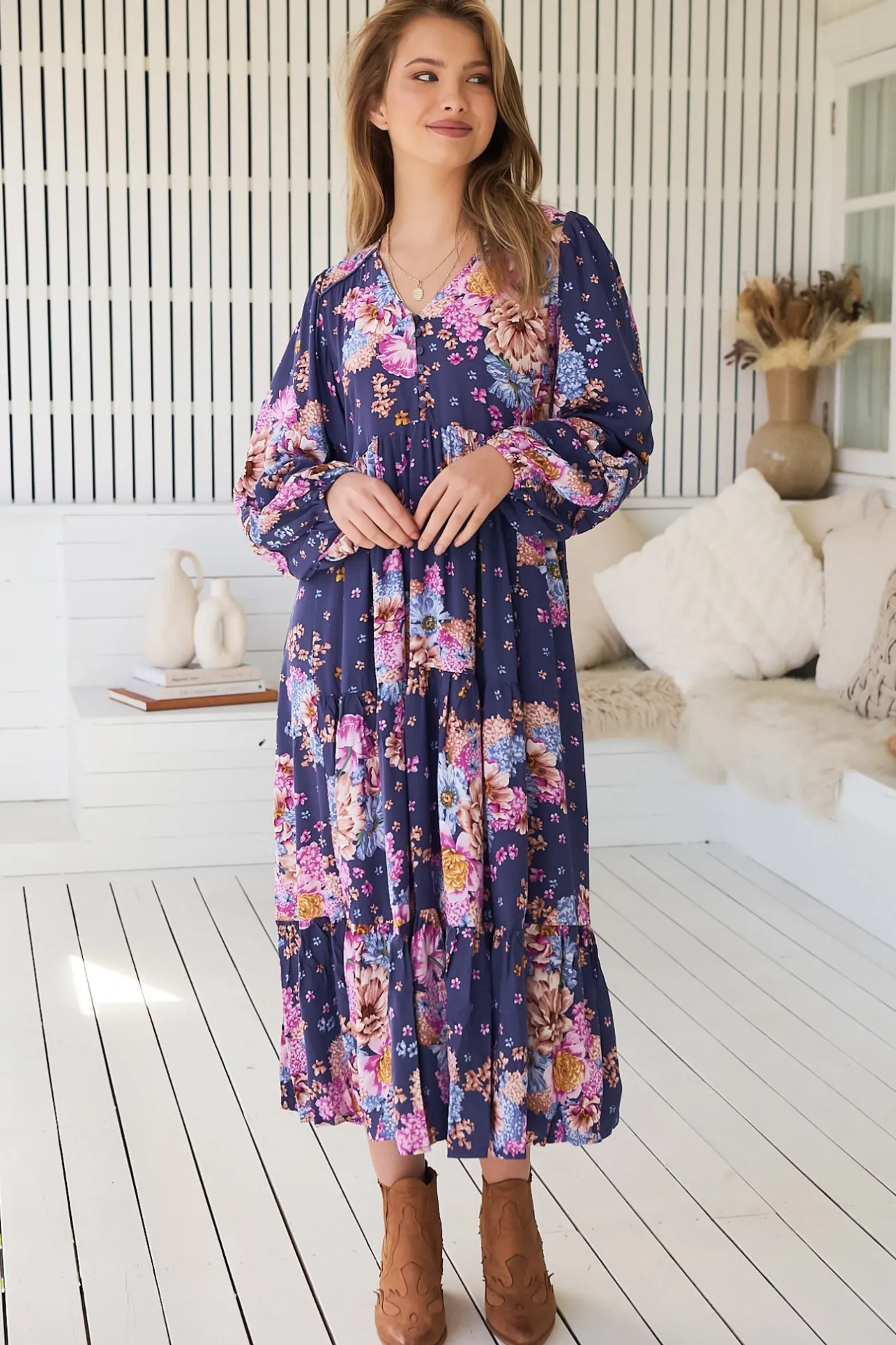 Eve Midi Dress - V Neck Long Sleeve Tiered Dress with Option Waist Tie in Wild Whim Print>Jaase Outlet