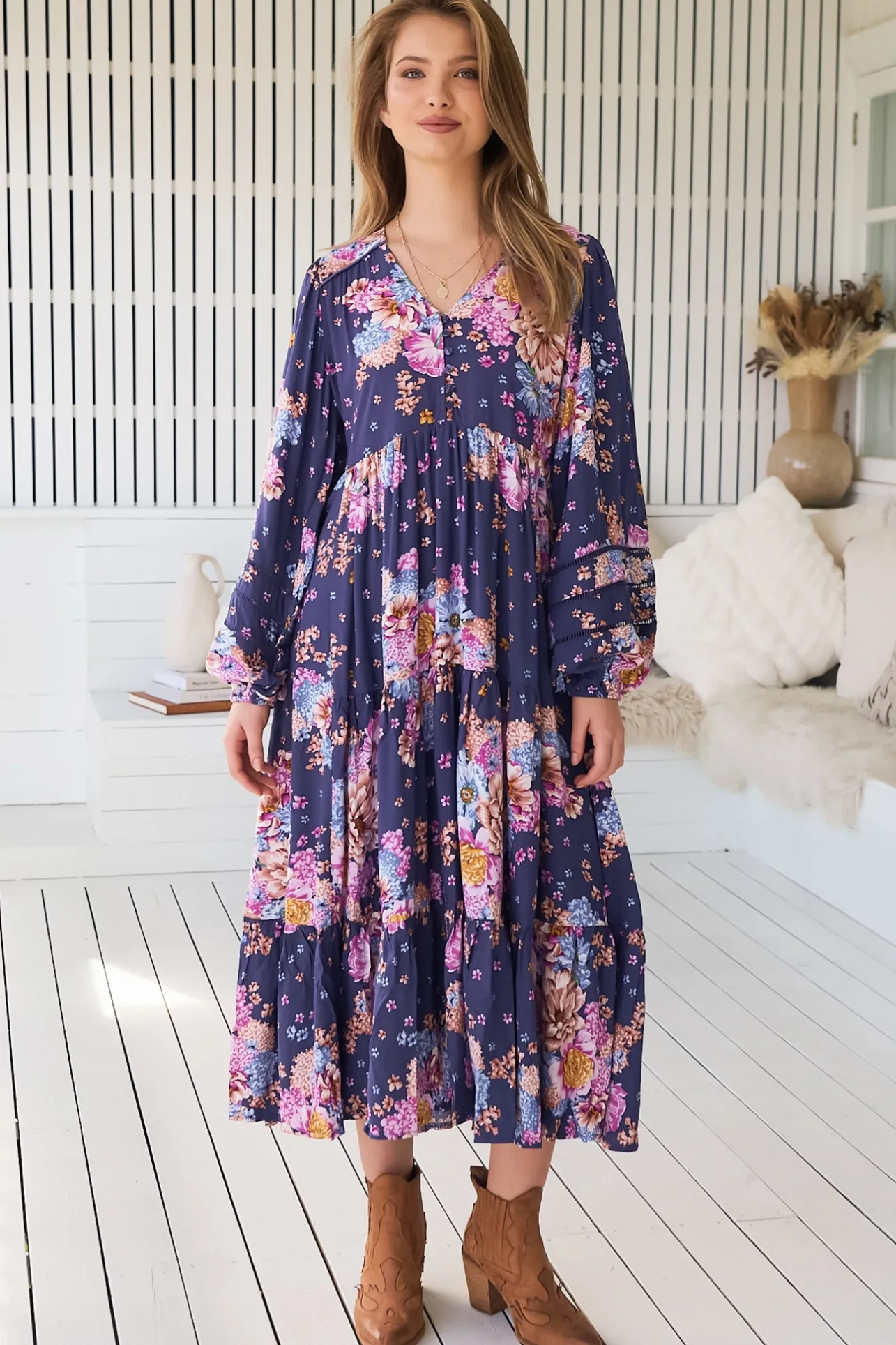 Eve Midi Dress - V Neck Long Sleeve Tiered Dress with Option Waist Tie in Wild Whim Print>Jaase Outlet