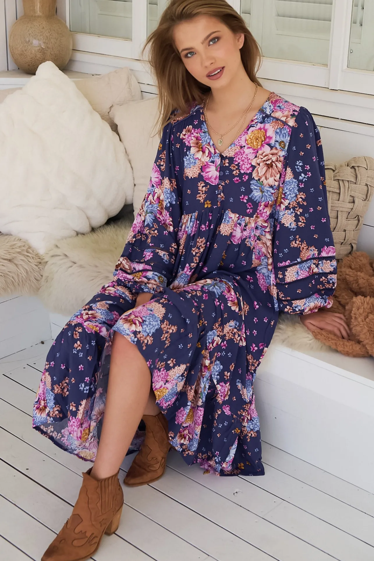 Eve Midi Dress - V Neck Long Sleeve Tiered Dress with Option Waist Tie in Wild Whim Print>Jaase Outlet