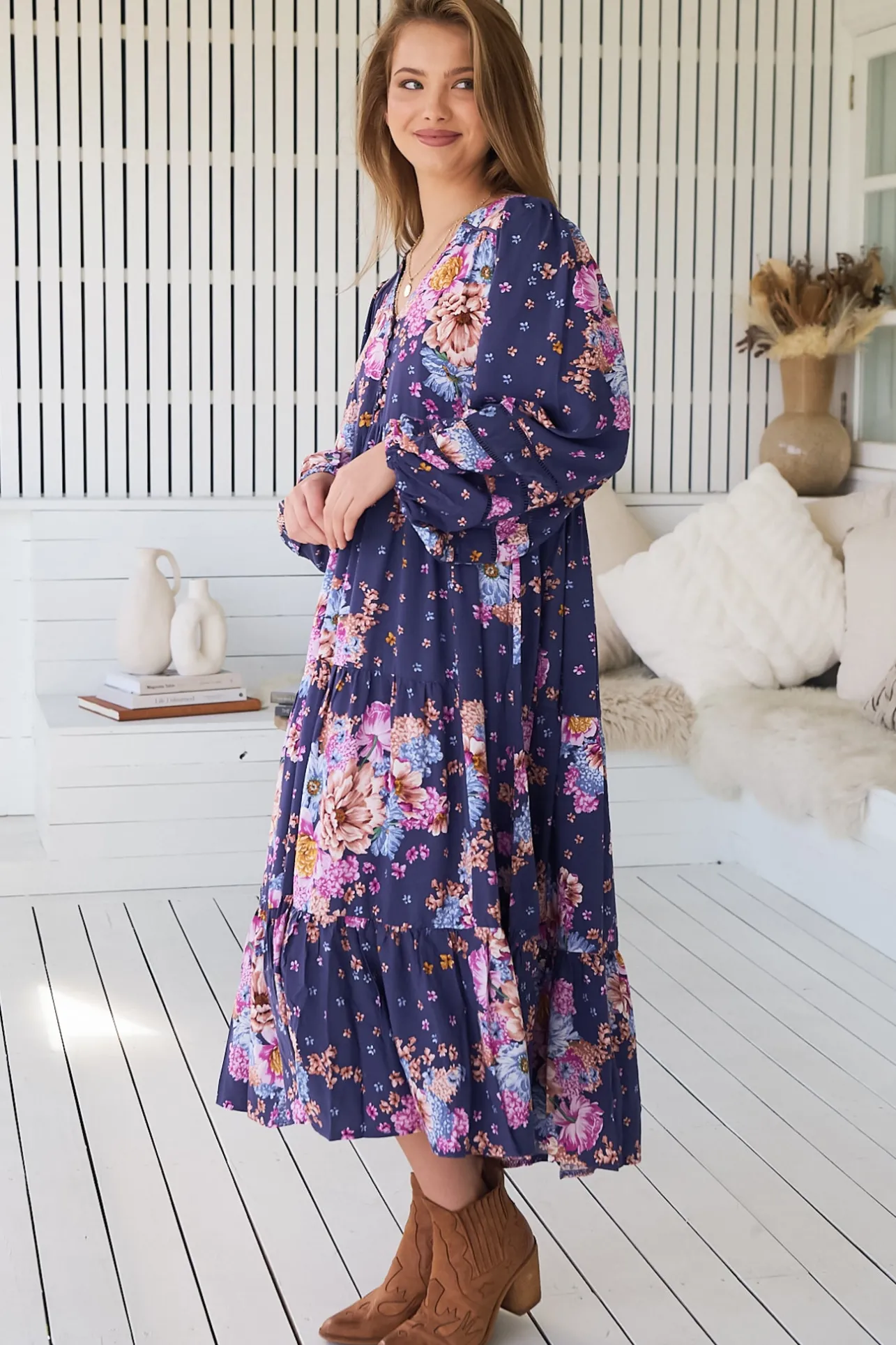Eve Midi Dress - V Neck Long Sleeve Tiered Dress with Option Waist Tie in Wild Whim Print>Jaase Outlet