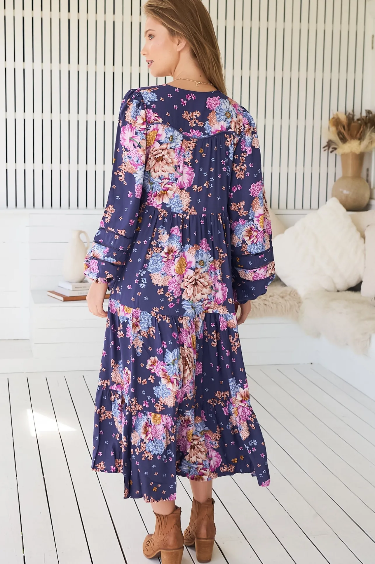 Eve Midi Dress - V Neck Long Sleeve Tiered Dress with Option Waist Tie in Wild Whim Print>Jaase Outlet