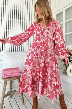 Eve Midi Dress - V Neck Long Sleeve Tiered Dress with Option Waist Tie in Soulina Print><noscript><img width=