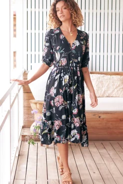 Eve Midi Dress - V Neck Tiered Dress with Option Waist Tie in Under The Stars Print>Jaase New