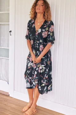 Eve Midi Dress - V Neck Tiered Dress with Option Waist Tie in Under The Stars Print>Jaase New