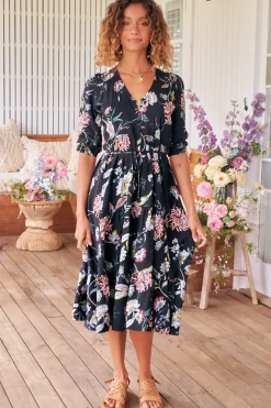 Eve Midi Dress - V Neck Tiered Dress with Option Waist Tie in Under The Stars Print><noscript><img width=