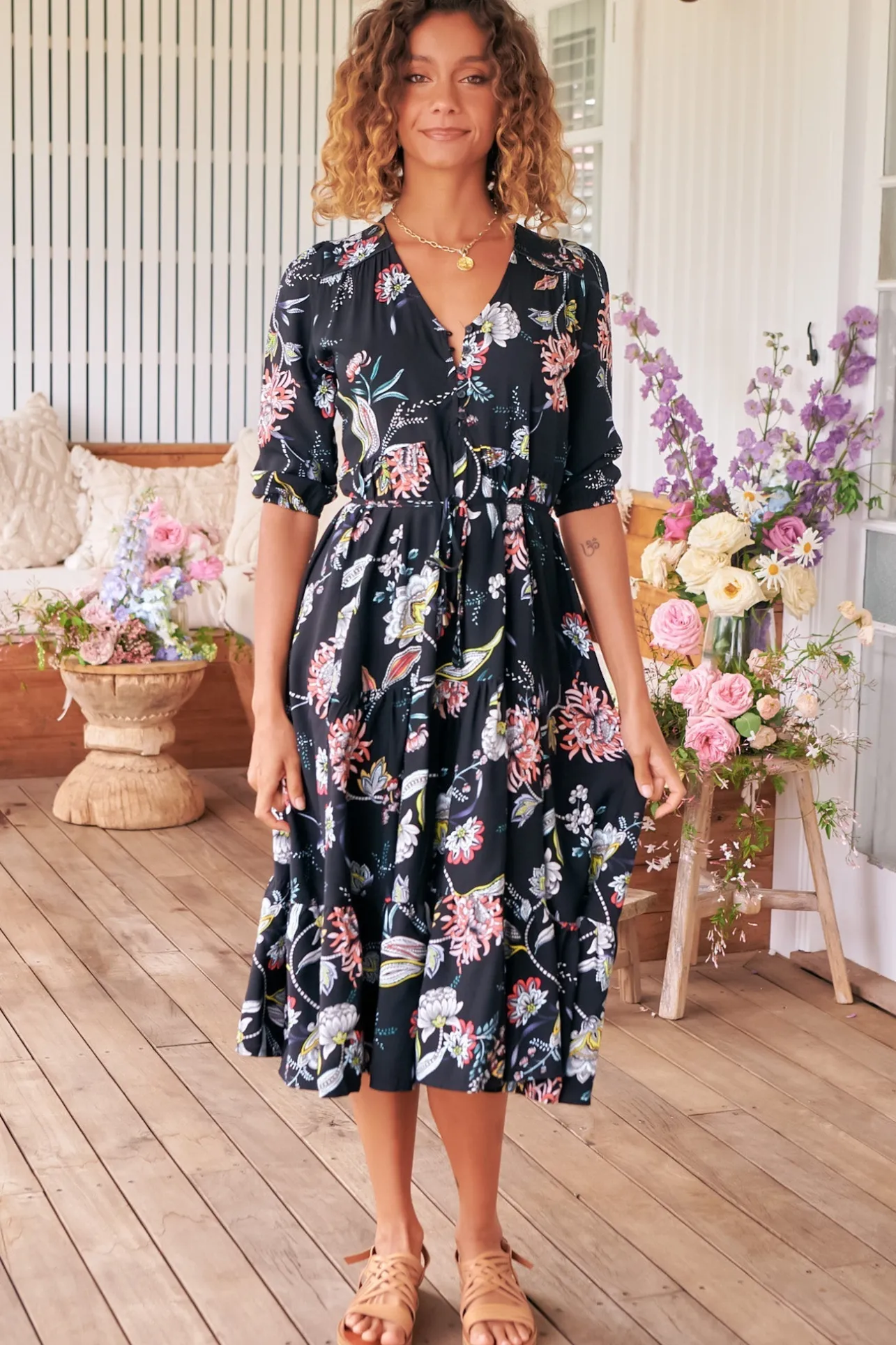 Eve Midi Dress - V Neck Tiered Dress with Option Waist Tie in Under The Stars Print>Jaase New