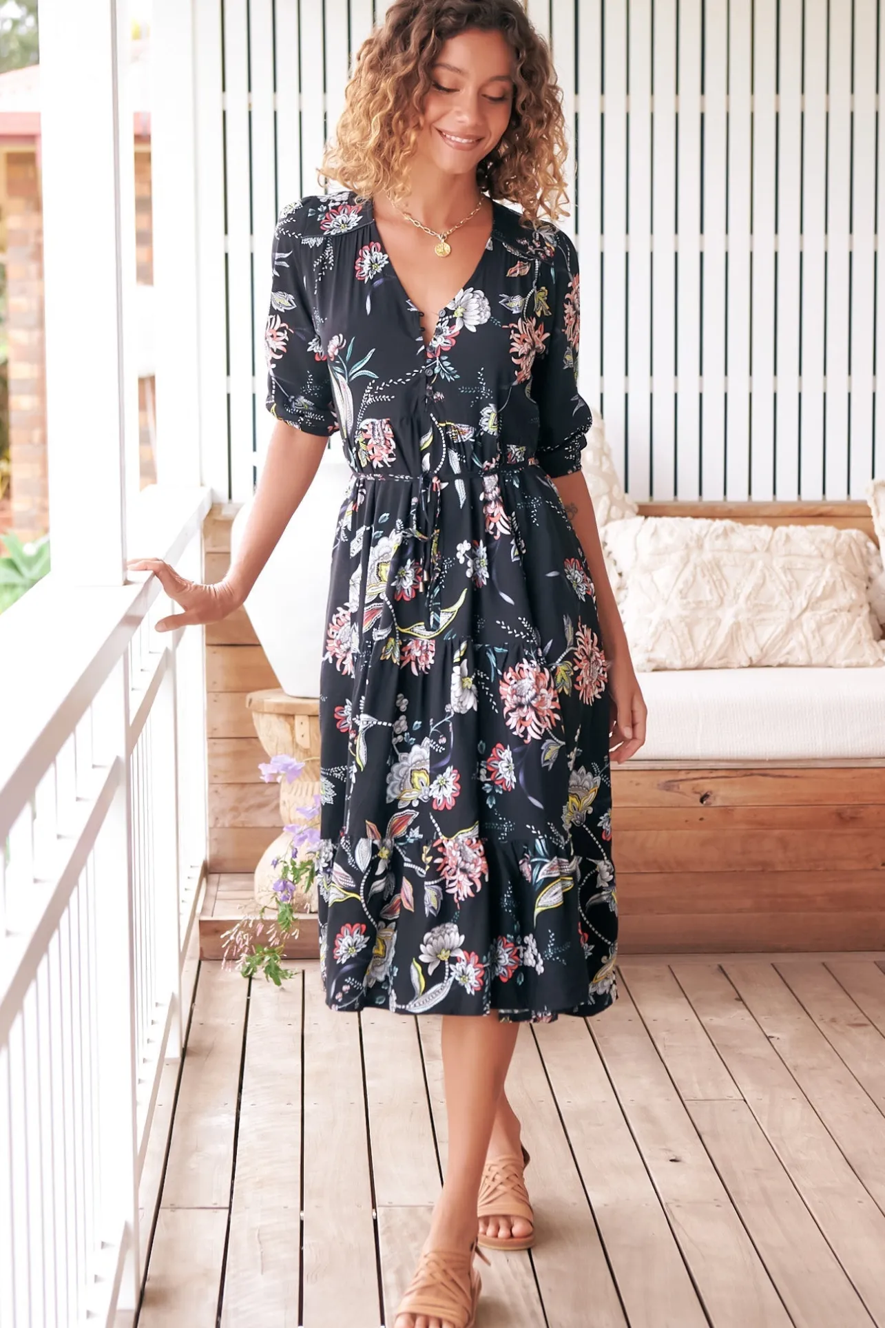 Eve Midi Dress - V Neck Tiered Dress with Option Waist Tie in Under The Stars Print>Jaase New