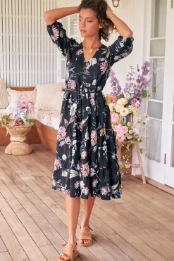 Eve Midi Dress - V Neck Tiered Dress with Option Waist Tie in Under The Stars Print><noscript><img width=