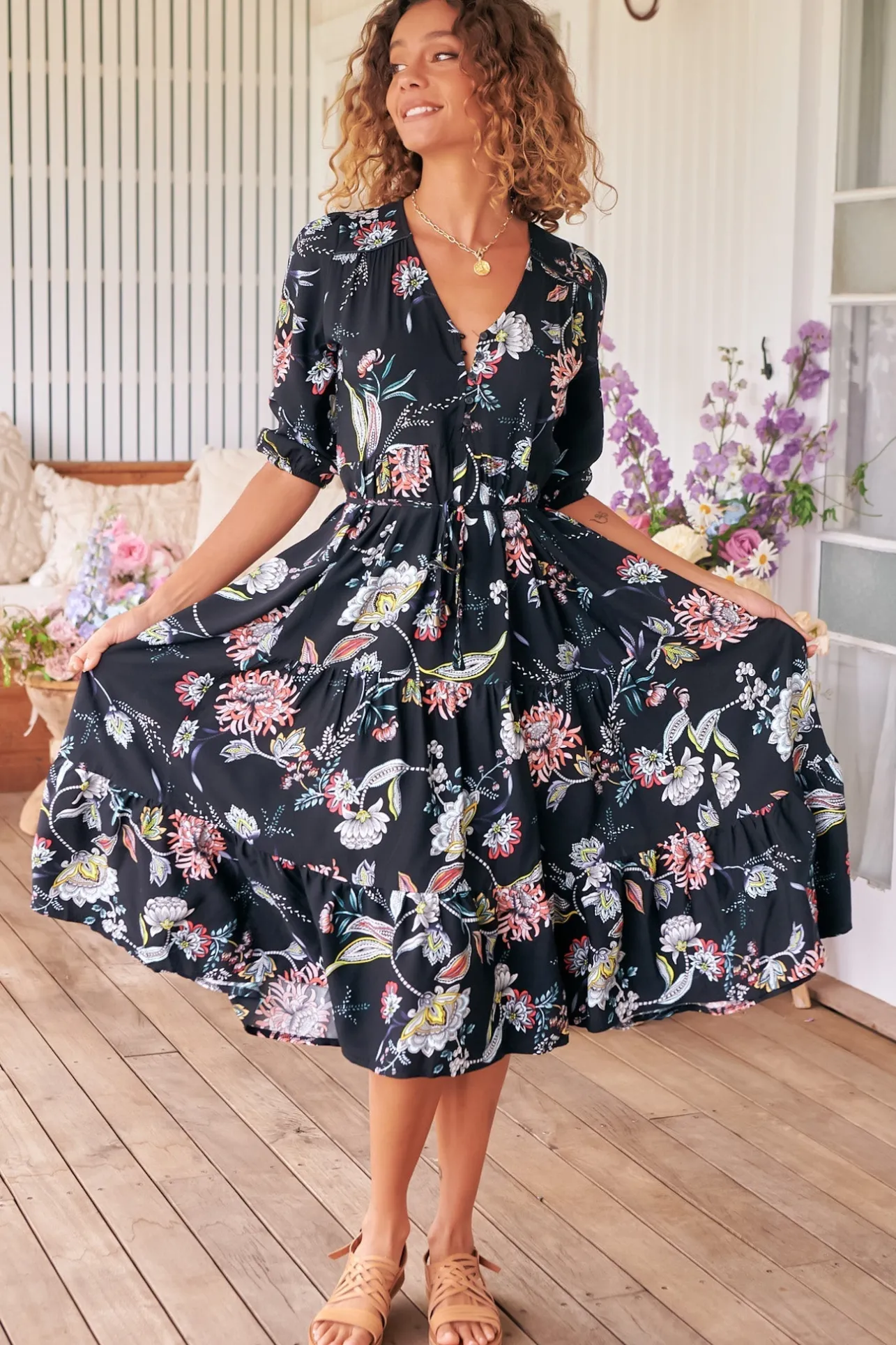 Eve Midi Dress - V Neck Tiered Dress with Option Waist Tie in Under The Stars Print>Jaase New