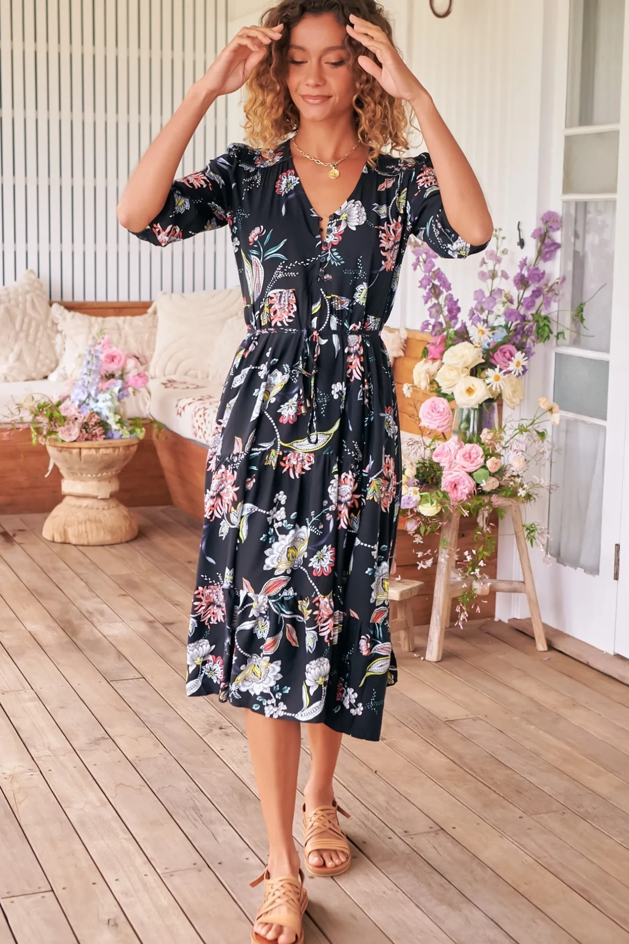 Eve Midi Dress - V Neck Tiered Dress with Option Waist Tie in Under The Stars Print>Jaase New