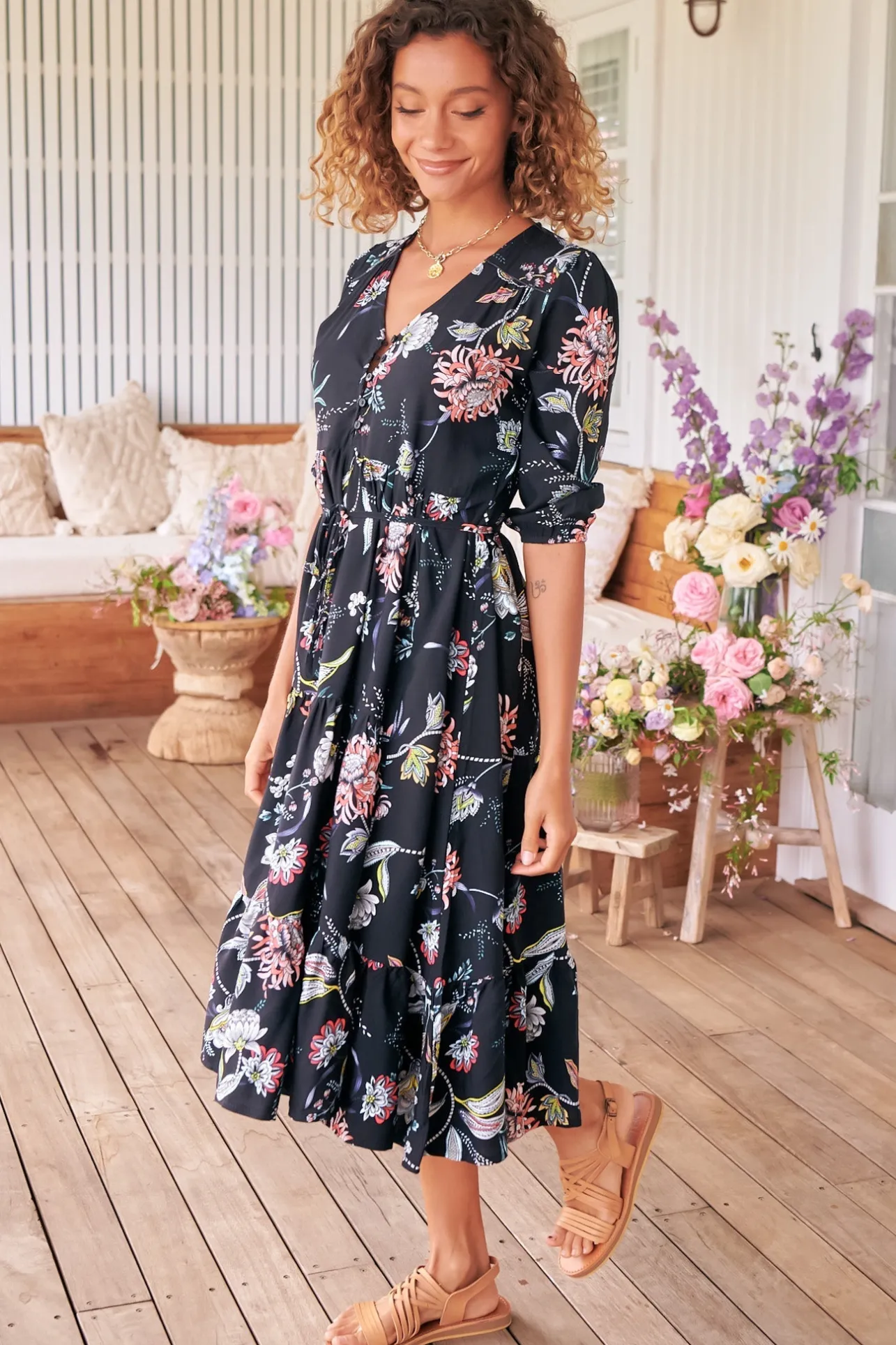 Eve Midi Dress - V Neck Tiered Dress with Option Waist Tie in Under The Stars Print>Jaase New