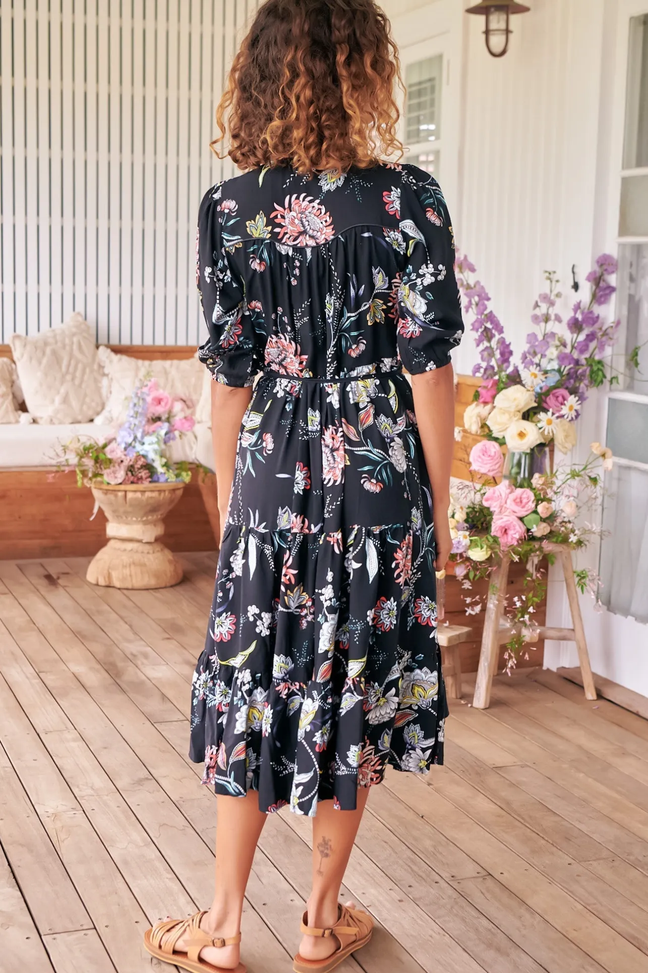 Eve Midi Dress - V Neck Tiered Dress with Option Waist Tie in Under The Stars Print>Jaase New
