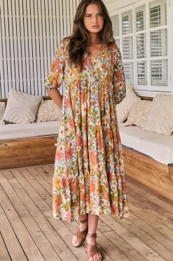 Eve Midi Dress - V Neck Tiered Dress with Option Waist Tie in Mimosa Print>Jaase Outlet