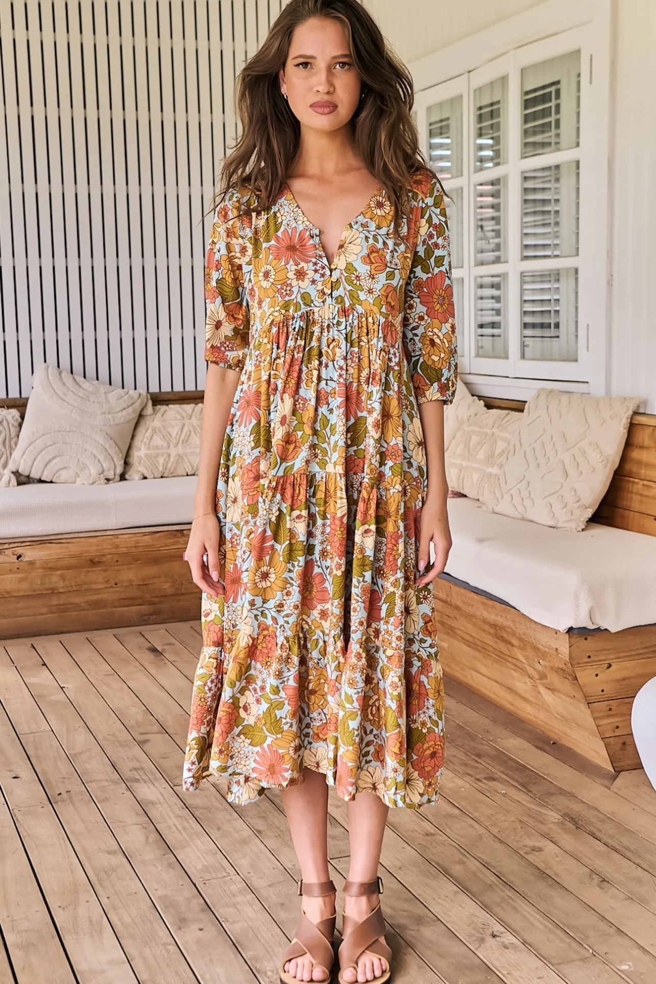 Eve Midi Dress - V Neck Tiered Dress with Option Waist Tie in Mimosa Print>Jaase Outlet